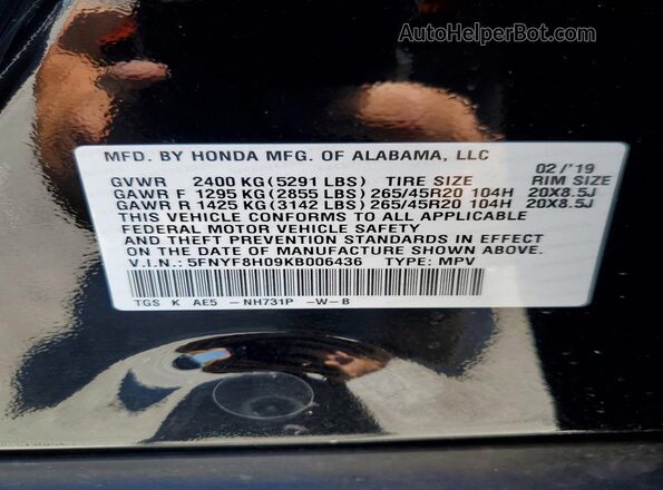 5FNYF8H09KB006436 2019 HONDA PASSPORT Black VIN sticker view