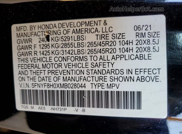 5FNYF8H0XMB028044 2021 HONDA PASSPORT Black Շարժիչի բաժամունքի տեսք