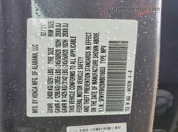 5FNYF8H26MB016653 2021 HONDA PASSPORT Gray VIN կոդի պիտակի տեսք