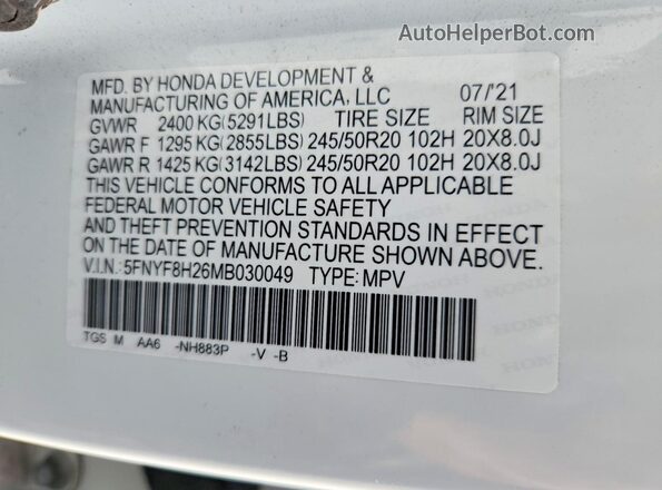 5FNYF8H26MB030049 2021 HONDA PASSPORT White VIN կոդի պիտակի տեսք