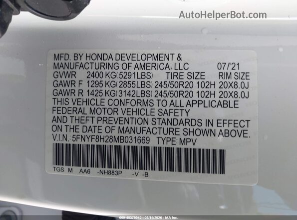 5FNYF8H28MB031669 2021 HONDA PASSPORT Белый Вид подкапотного пространства