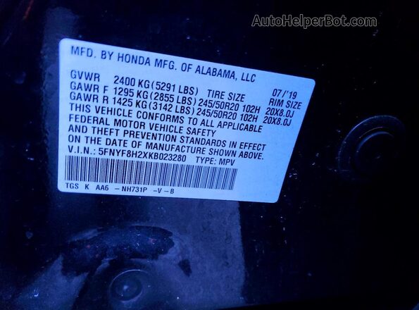 5FNYF8H2XKB023280 2019 HONDA PASSPORT Black Widok komory silnika