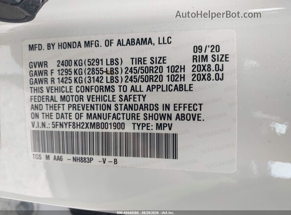 5FNYF8H2XMB001900 2021 HONDA PASSPORT White Vista del compartimento del motor