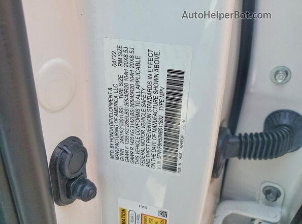 5FNYF8H50NB011802 2022 HONDA PASSPORT White VIN կոդի պիտակի տեսք