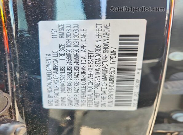 5FNYF8H52MB043570 2021 HONDA PASSPORT Black VIN կոդի պիտակի տեսք