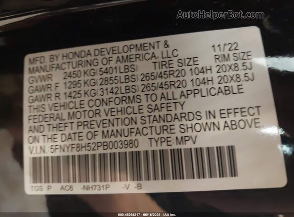 5FNYF8H52PB003980 2023 HONDA PASSPORT Black Вид підкапотного простору