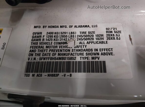 5FNYF8H54MB015852 2021 HONDA PASSPORT White ძრავის განყოფილების ხედი