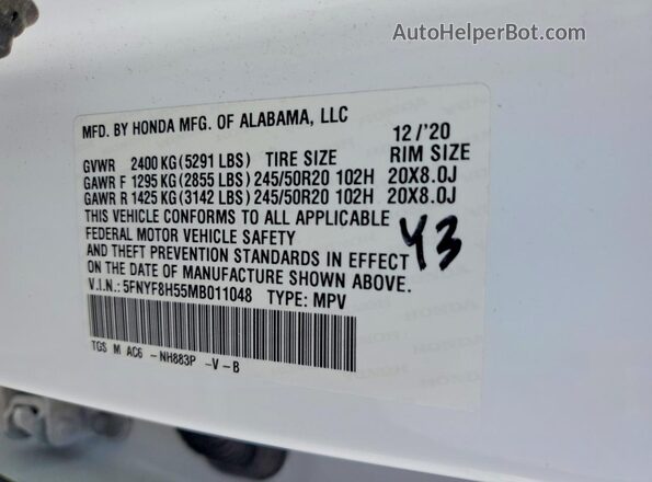 5FNYF8H55MB011048 2021 HONDA PASSPORT White Панорамний вид салону 360°
