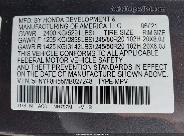 5FNYF8H55MB027248 2021 HONDA PASSPORT Black Вид підкапотного простору