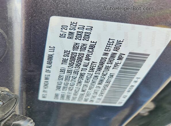 5FNYF8H56LB011641 2020 HONDA PASSPORT Gray Вид підкапотного простору