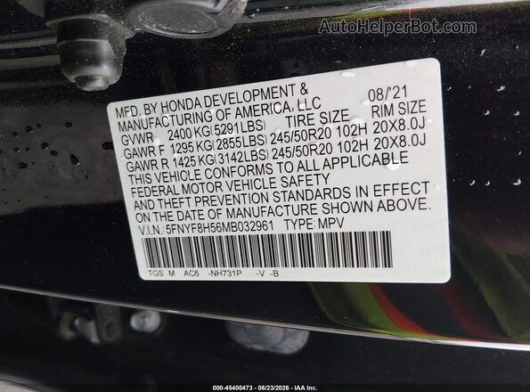 5FNYF8H56MB032961 2021 HONDA PASSPORT Black Engine compartment view