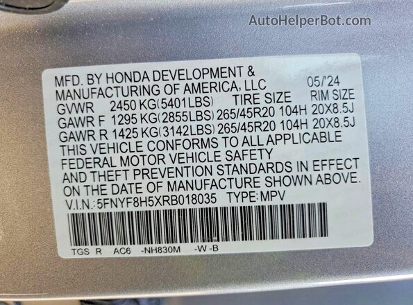5FNYF8H5XRB018035 2024 HONDA PASSPORT Silver Vista de la etiqueta del VIN