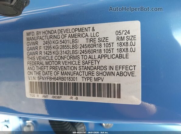 5FNYF8H64RB018301 2024 HONDA PASSPORT Blue Вид підкапотного простору