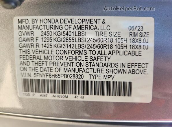 5FNYF8H65PB028820 2023 HONDA PASSPORT Silver VIN կոդի պիտակի տեսք