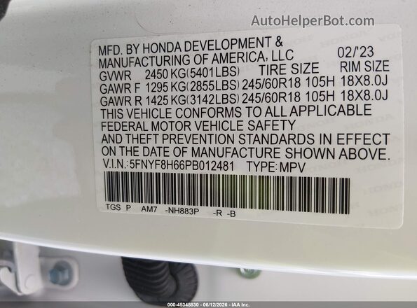 5FNYF8H66PB012481 2023 HONDA PASSPORT White Vista del compartimento del motor