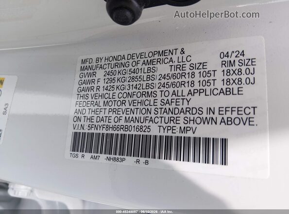 5FNYF8H66RB016825 2024 HONDA PASSPORT White Vista del compartimento del motor