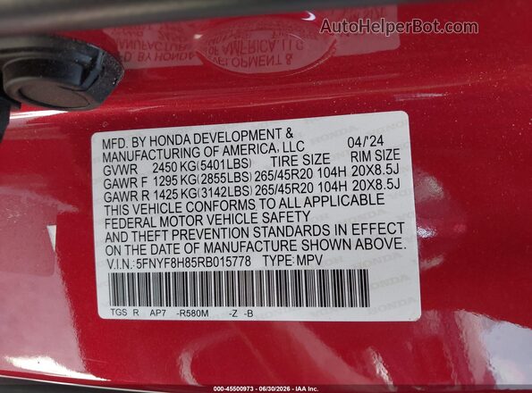 5FNYF8H85RB015778 2024 HONDA PASSPORT Red Շարժիչի բաժամունքի տեսք