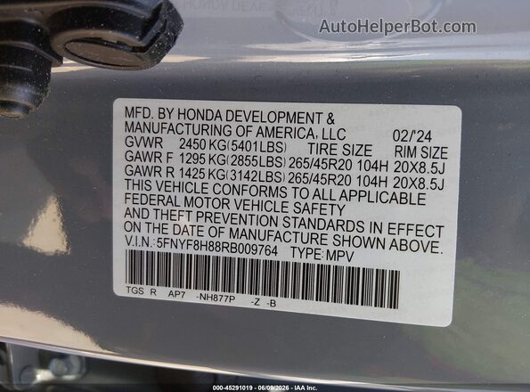 5FNYF8H88RB009764 2024 HONDA PASSPORT Blue 