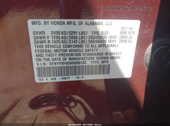 5FNYF8H93KB008133 2019 HONDA PASSPORT Burgundy 