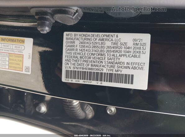 5FNYF8H93MB036629 2021 HONDA PASSPORT Black Вид підкапотного простору
