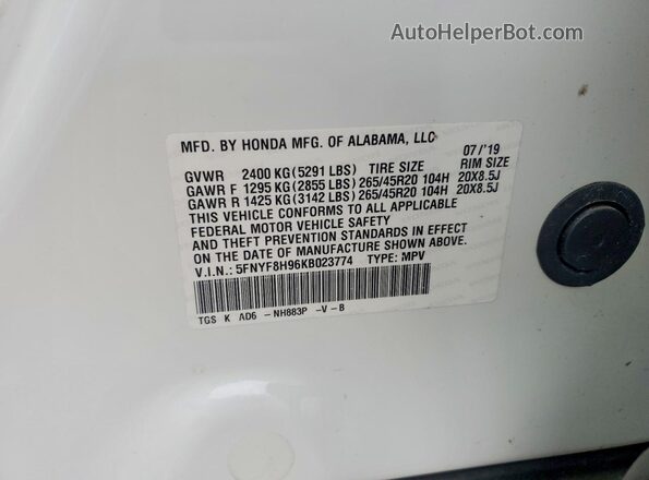 5FNYF8H96KB023774 2019 HONDA PASSPORT White VIN կոդի պիտակի տեսք