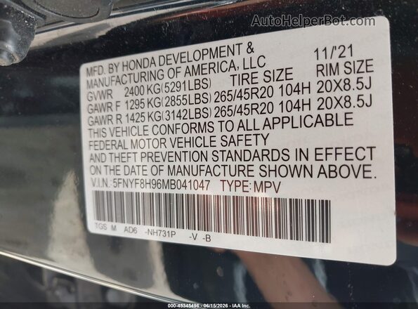 5FNYF8H96MB041047 2021 HONDA PASSPORT Черный Вид подкапотного пространства