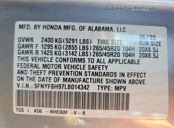 5FNYF8H97LB014342 2020 HONDA PASSPORT Silver Вид наклейки з VIN-кодом