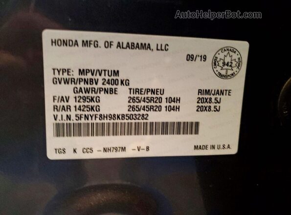 5FNYF8H98KB503282 2019 HONDA PASSPORT Gray 