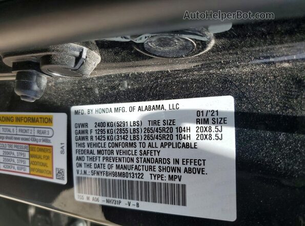 5FNYF8H98MB013122 2021 HONDA PASSPORT Black VIN sticker view