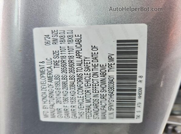 5FNYG1H64SB038431 2025 HONDA PILOT Silver Vista interior de 360 grados