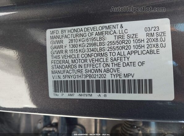 5FNYG1H73PB021202 2023 HONDA PILOT Gray Widok komory silnika