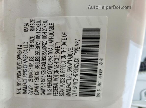 5FNYG1H77SB022331 2025 HONDA PILOT White Vista de la etiqueta del VIN