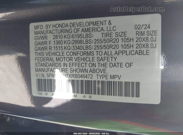 5FNYG1H7XRB046472 2024 HONDA PILOT Gray ძრავის განყოფილების ხედი