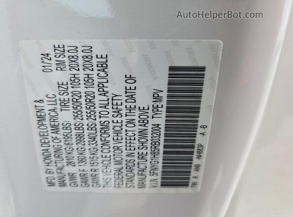 5FNYG1H85RB032004 2024 HONDA PILOT White VIN კოდის სტიკერის ხედი