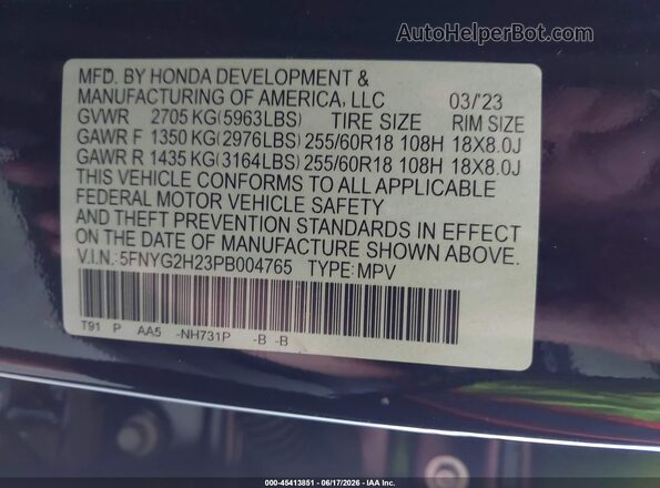 5FNYG2H23PB004765 2023 HONDA PILOT Black Engine compartment view
