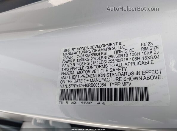 5FNYG2H40RB005084 2024 HONDA PILOT White Widok komory silnika