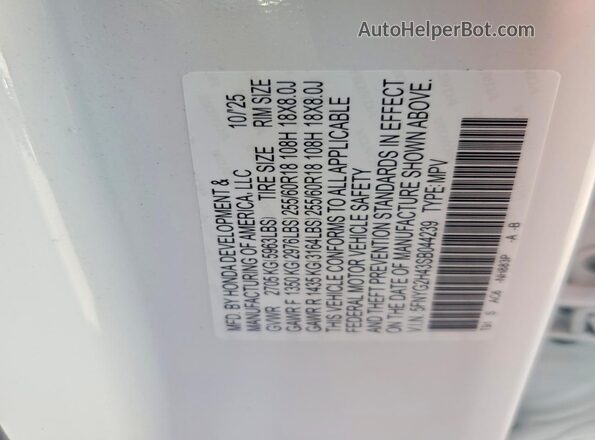 5FNYG2H43SB044239 2025 HONDA PILOT White VIN კოდის სტიკერის ხედი