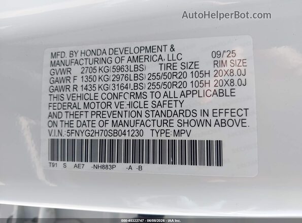5FNYG2H70SB041230 2025 HONDA PILOT White Widok komory silnika