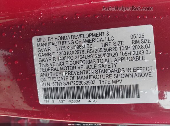 5FNYG2H72SB032903 2025 HONDA PILOT Красный Вид подкапотного пространства