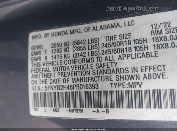 5FNYG2H76PB003217 2023 HONDA PILOT Серый Вид подкапотного пространства
