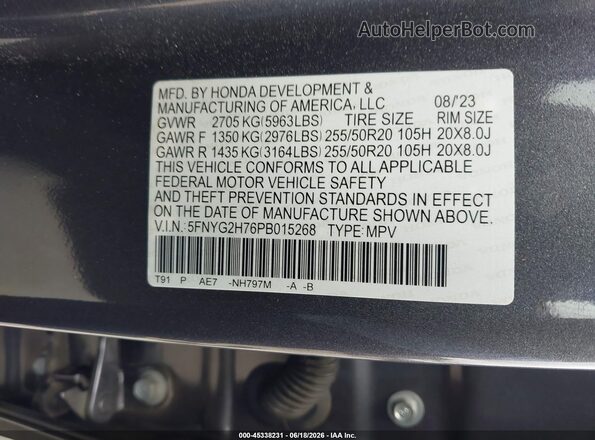5FNYG2H76PB015268 2023 HONDA PILOT Gray Vista del compartimento del motor