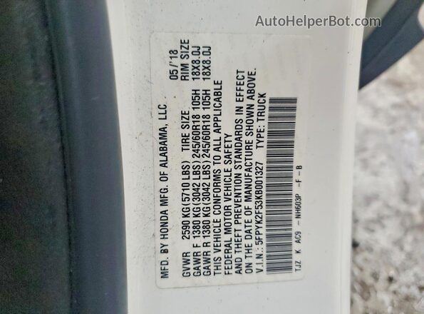 5FPYK2F53KB001327 2019 HONDA RIDGELINE White 