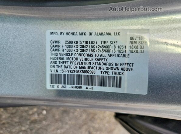 5FPYK2F58KB002098 2019 HONDA RIDGELINE Silver Շարժիչի բաժամունքի տեսք