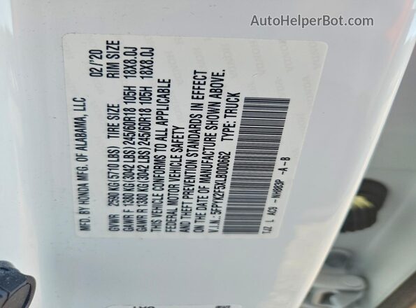 5FPYK2F5XLB000662 2020 HONDA RIDGELINE White Engine compartment view