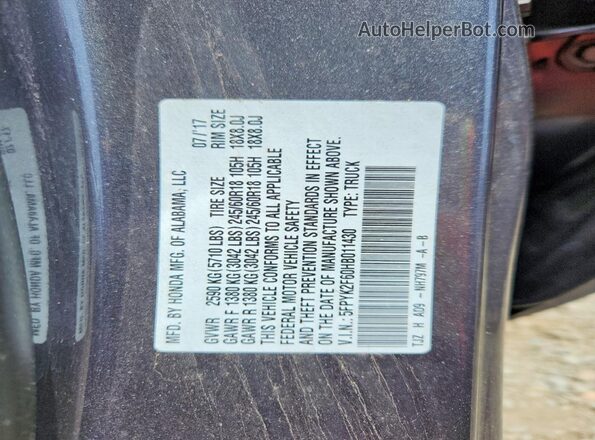 5FPYK2F60HB011430 2017 HONDA RIDGELINE Silver VIN կոդի պիտակի տեսք
