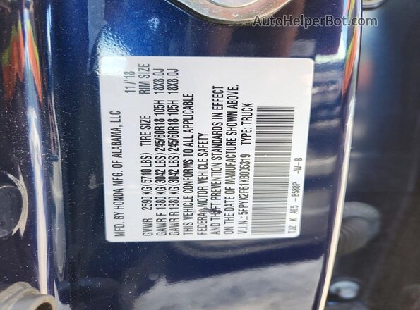 5FPYK2F61KB005319 2019 HONDA RIDGELINE Blue Vista de la etiqueta del VIN