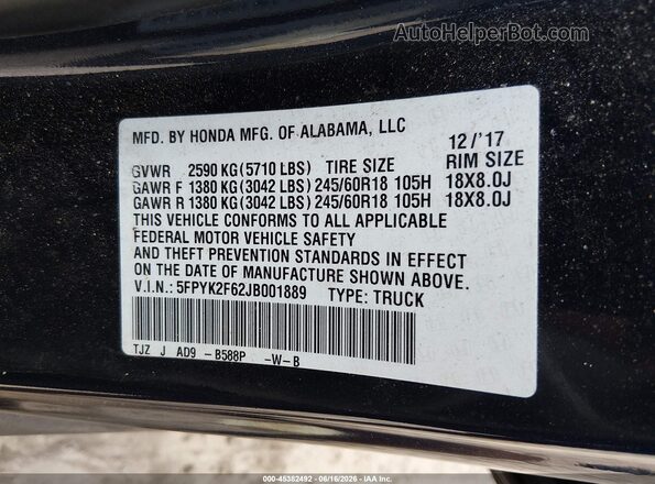5FPYK2F62JB001889 2018 HONDA RIDGELINE Blue Vista del compartimento del motor