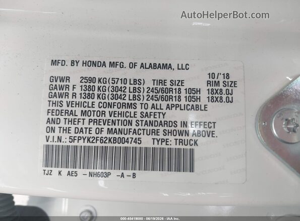 5FPYK2F62KB004745 2019 HONDA RIDGELINE White Vista del compartimento del motor