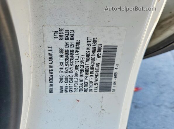 5FPYK2F63HB007677 2017 HONDA RIDGELINE Белый 