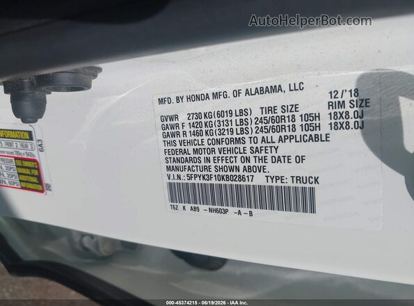 5FPYK3F10KB028617 2019 HONDA RIDGELINE Белый Вид подкапотного пространства